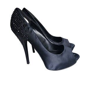 Aldo Black Satin Peep Toe High Heels With Rhinestone Embellished Heel Size 9